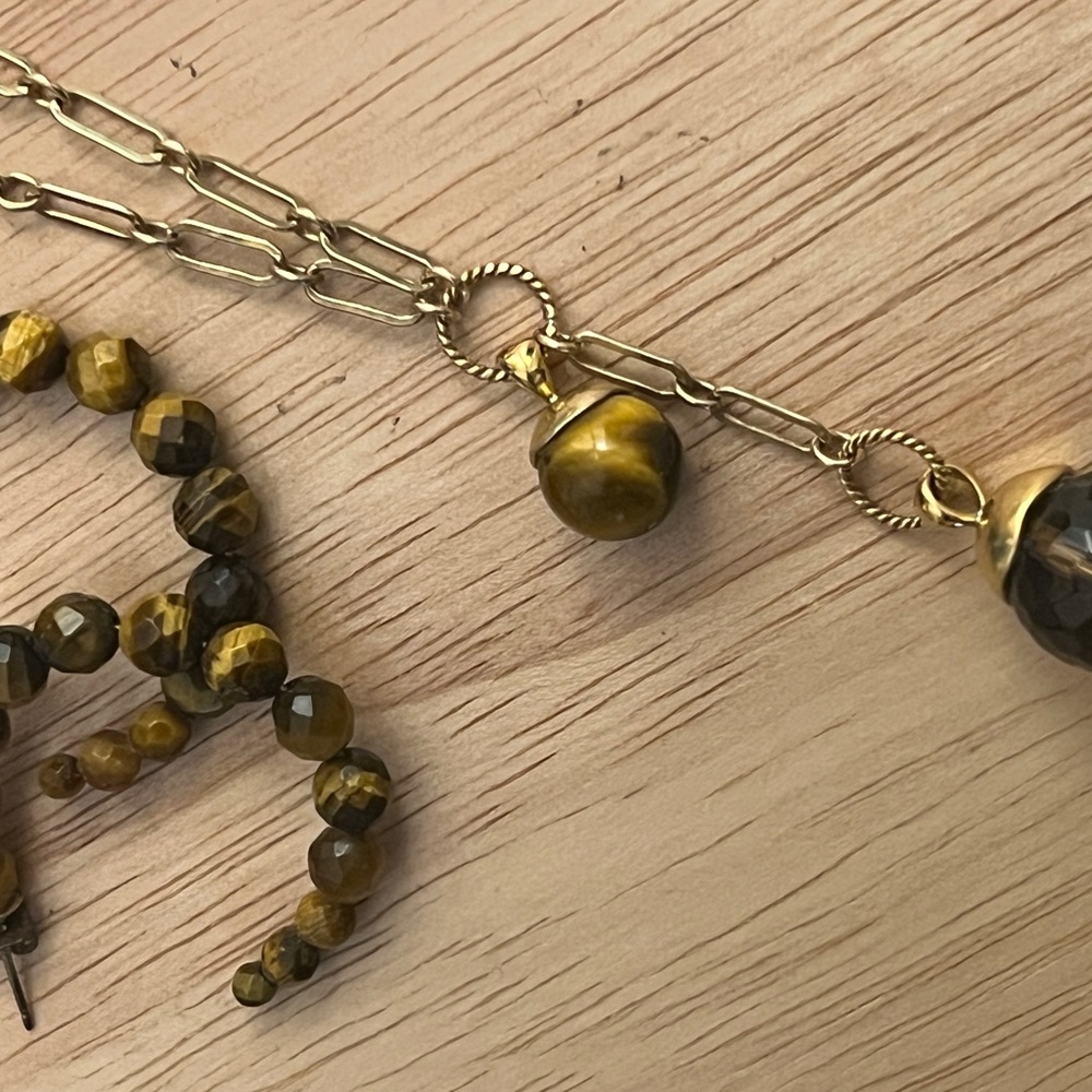 CHAN LUU Set of Gold Tiger’s Eye Necklace and Hoop Earrings
